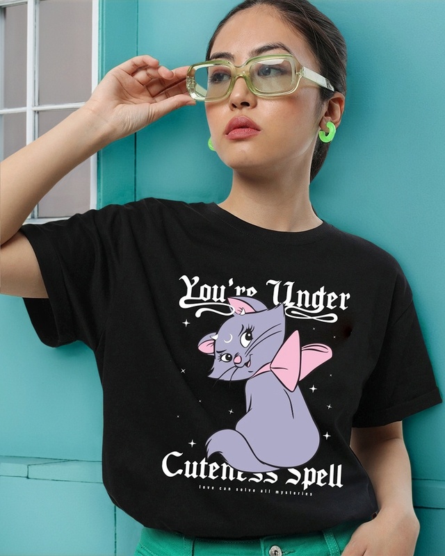 Shop Women's Black Cuteness Spell Graphic Printed Boyfriend T-shirt-Front