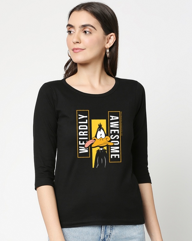 Shop Women's Black Daffy Awesome (LTL) 3/4 Sleeve Slim Fit T-shirt-Front
