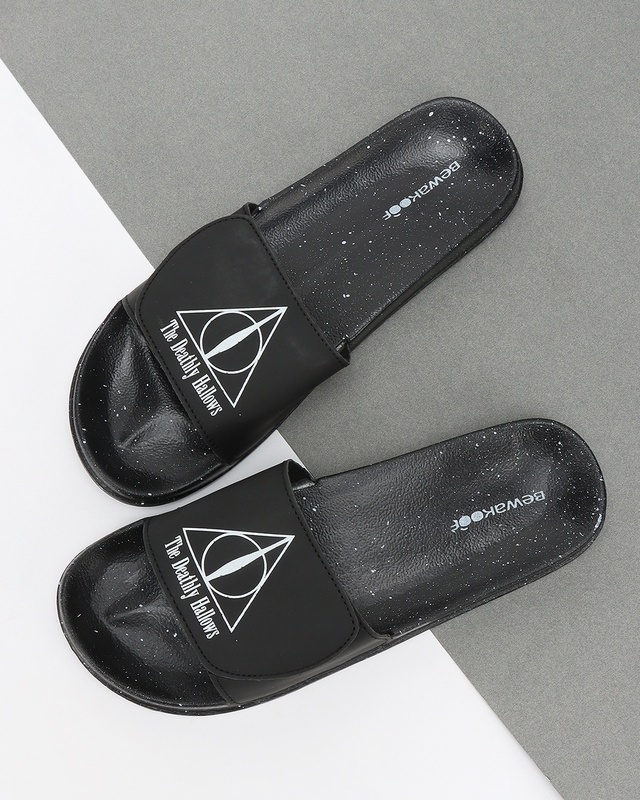 Shop Women's Black Deathly Hallows Adjustable Velcro Sliders-Front