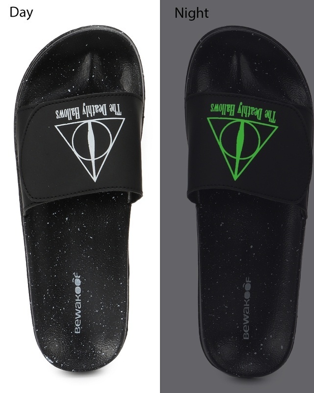 Shop Women's Black Deathly Hallows Adjustable Velcro Sliders-Front