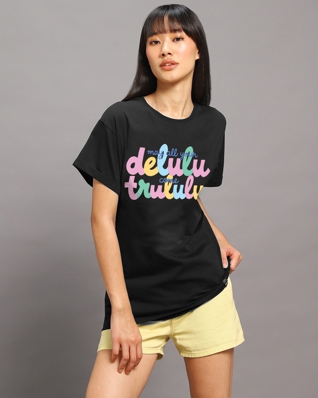 Shop Women's Black Delulu Come Trululu Graphic Printed Boyfriend T-shirt-Front
