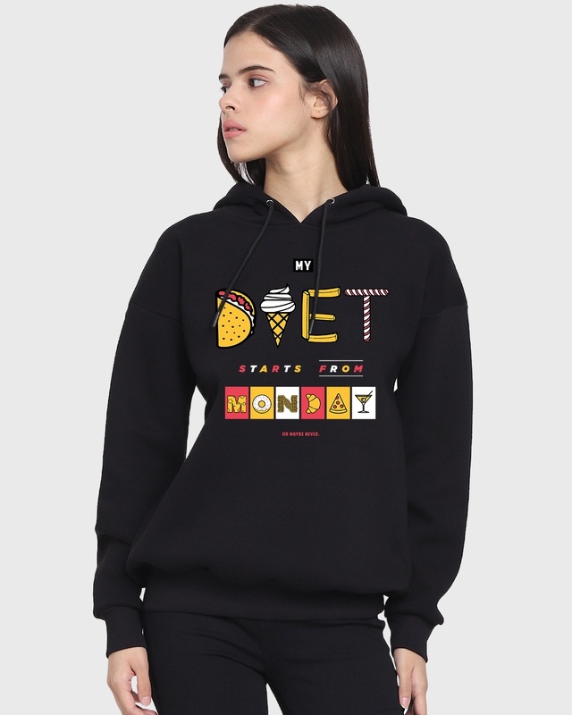 Shop Women's Black Diet Doesn't Exist Graphic Printed Oversized Hoodie-Front