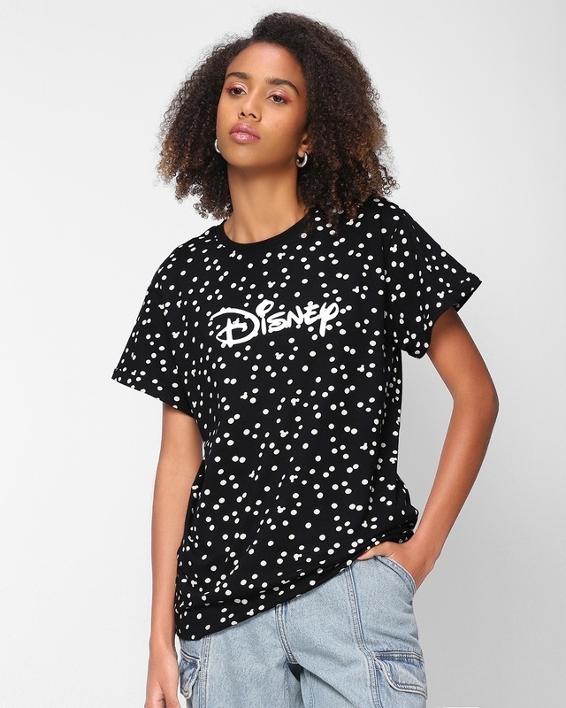 Shop Women's Black Disney Polka Printed Boyfriend T-shirt-Front