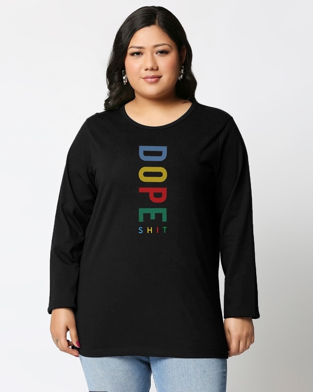 Shop Women's Black Dope Shit Typography Plus Size Slim Fit T-shirt-Front