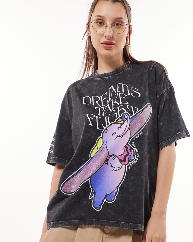 Shop Women's Black Dumbo Dreams Graphic Printed Oversized Acid Wash T-shirt-Front