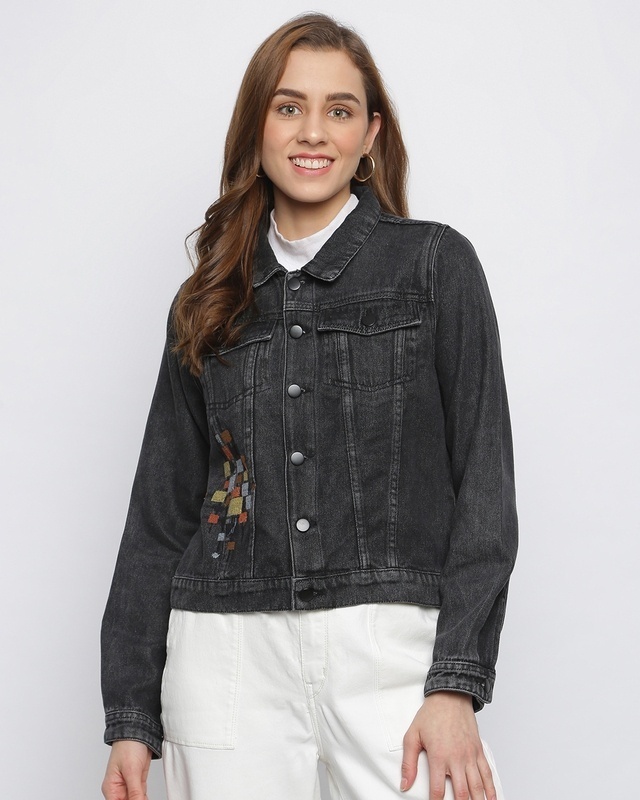 Shop Women's Black Embroidered Jacket-Front