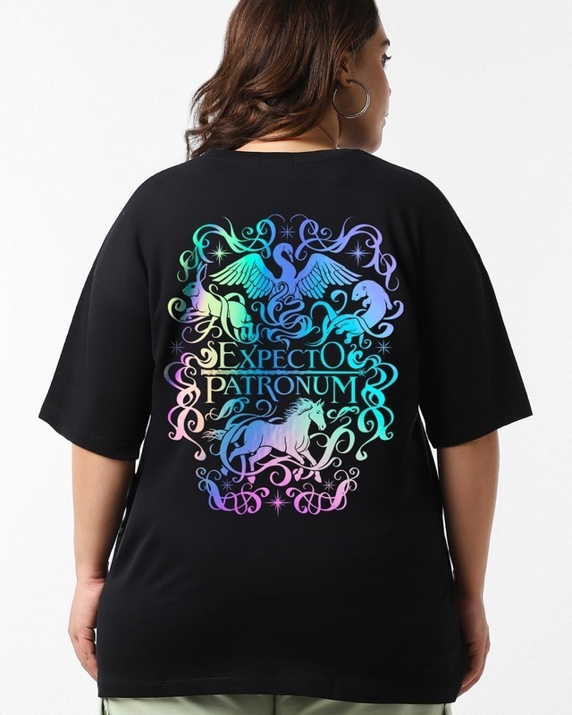 Shop Women's Black Expecto Graphic Printed Oversized Plus Size T-shirt-Front