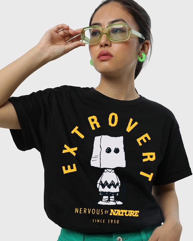 Women's Black Extrovert Graphic Printed Boyfriend T-shirt