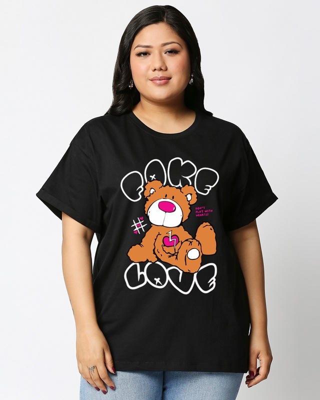 Shop Women's Black Fake Love Graphic Printed Plus Size Boyfriend T-shirt-Front
