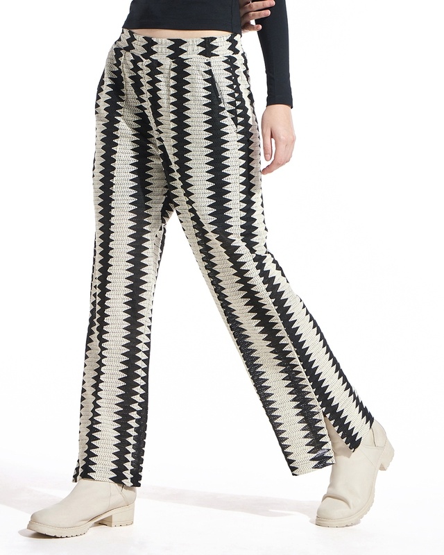 Shop Women's Black & Grey Flared Relaxed Fit Pants-Front