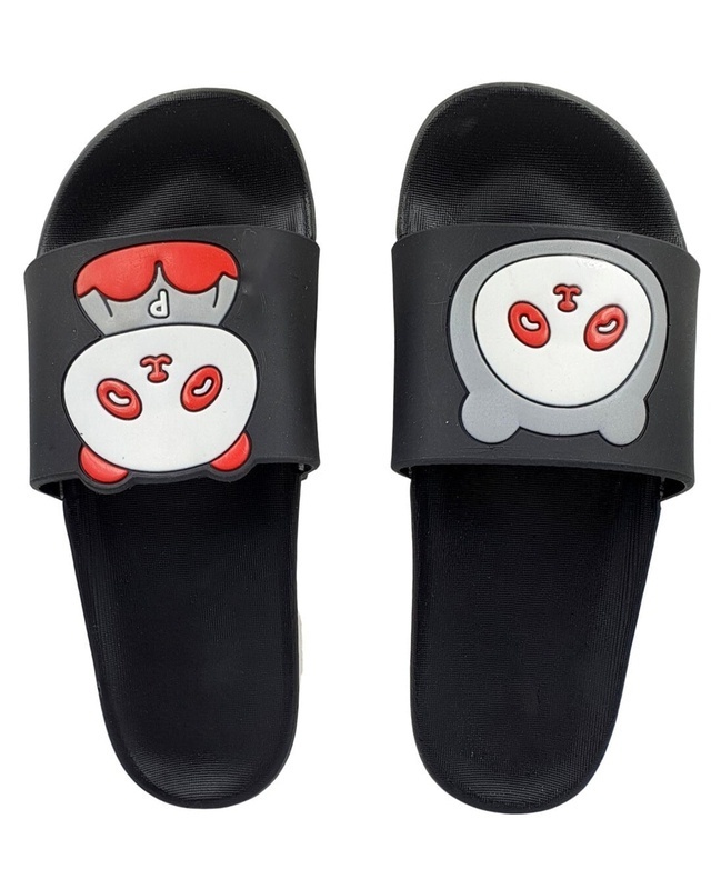 Shop Women's Black Flat Panda Slippers & Flip Flops-Front
