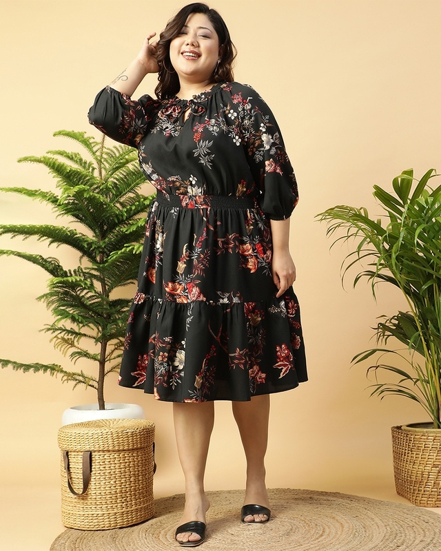 Shop Women's Black Floral Printed Plus Size Dress-Front