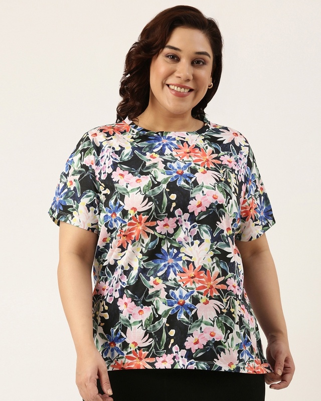 Women's Black Floral Printed Plus Size T-shirt