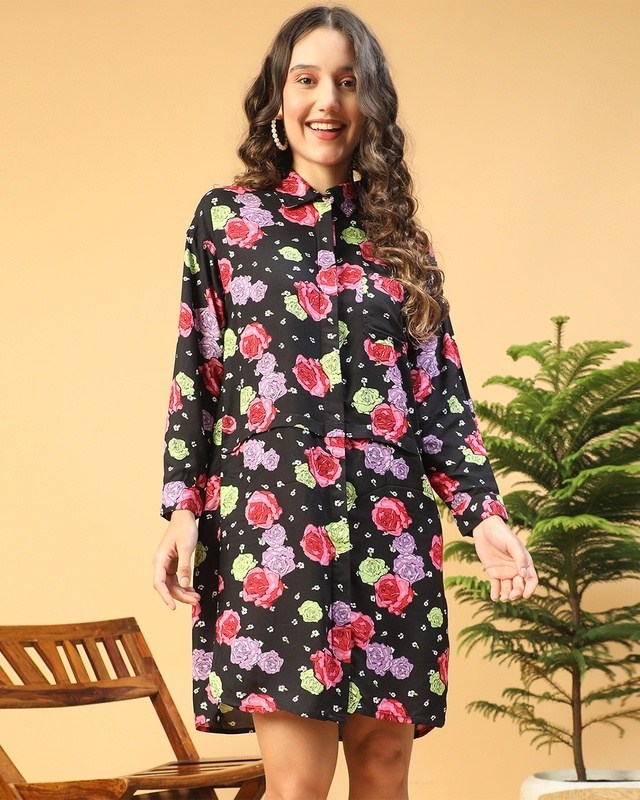 Women's Black Floral Printed Shirt Dress