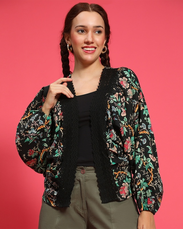 Women's Black Floral Printed Shrug