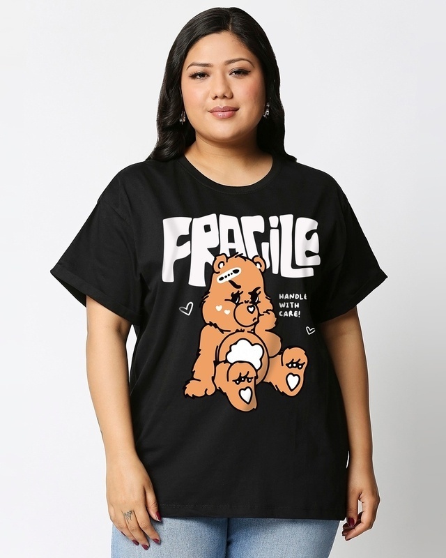 Shop Women's Black Fragile Graphic Printed Plus Size Boyfriend T-shirt-Front