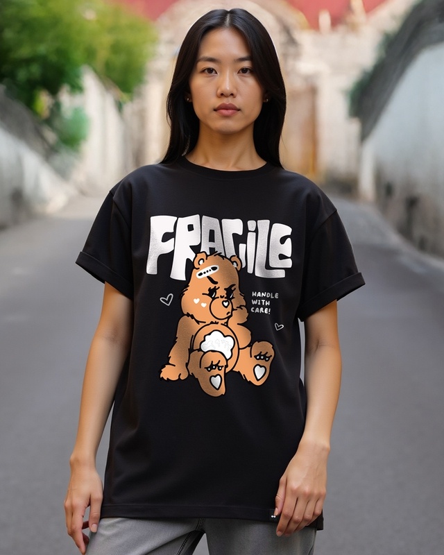 Shop Women's Black Fragile Graphic Printed Boyfriend T-shirt-Front