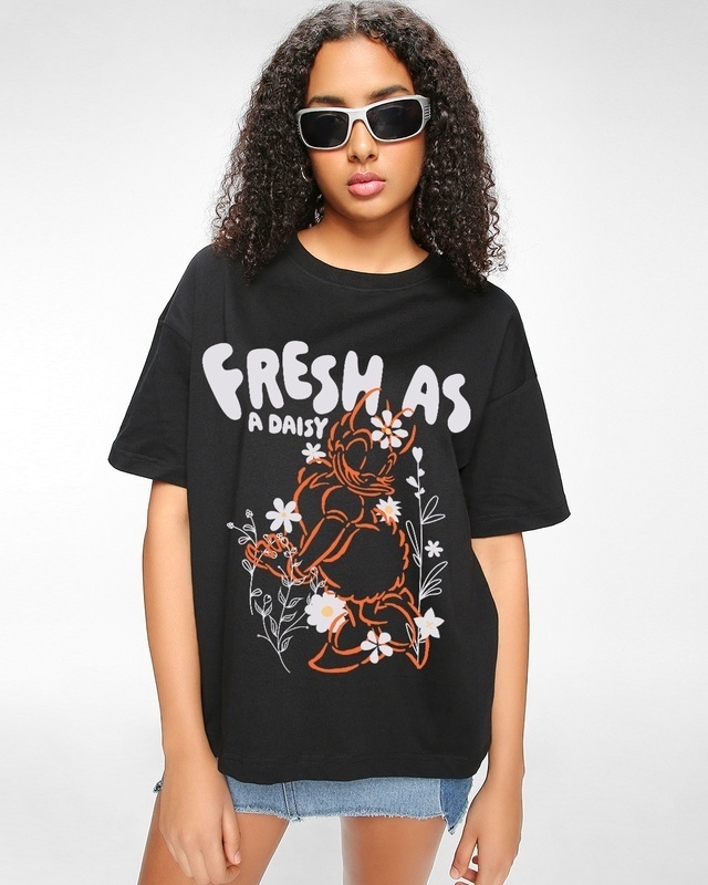Shop Women's Black Fresh As A Daisy Graphic Printed Oversized T-shirt-Front