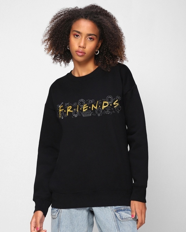 Shop Women's Black Friends Chibi Logo Graphic Printed Oversized Sweatshirt-Front