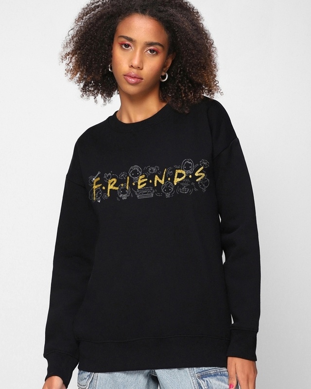 Shop Women's Black Friends Chibi Logo Graphic Printed Oversized Sweatshirt-Front