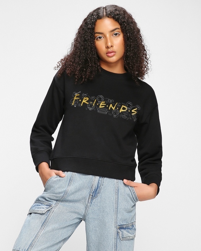 Shop Women's Black Friends Chibi Logo Graphic Printed Oversized Sweatshirt-Front