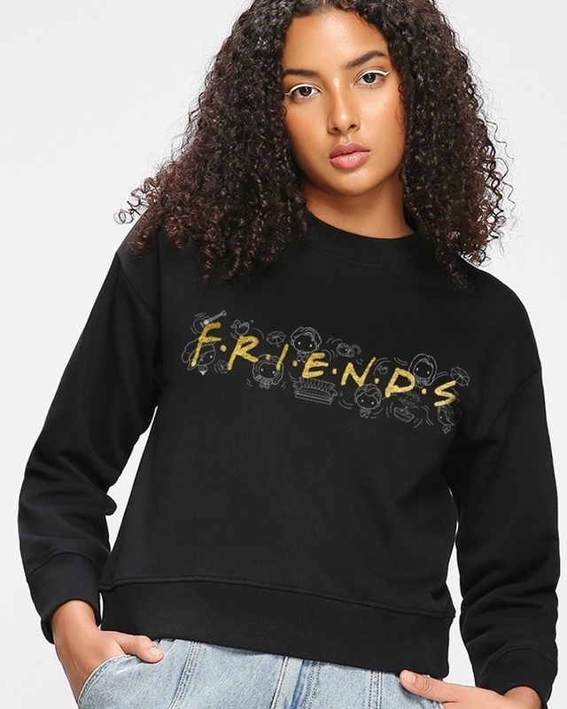 Shop Women's Black Friends Chibi Logo Graphic Printed Oversized Sweatshirt-Front