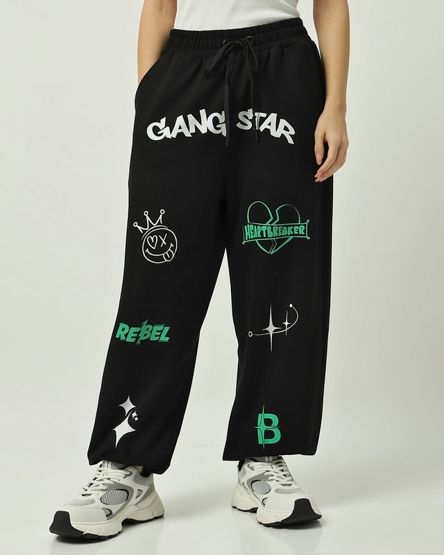 Shop Women's Black Gangstar Graphic Printed Super Loose Fit Joggers-Front