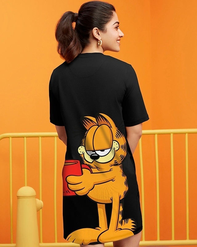 Shop Women's Black Garfield Graphic Printed Oversized T-shirt Dress-Front