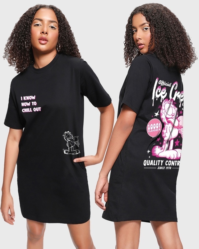 Shop Women's Black Garfield's Icecream Graphic Printed Oversized Dress-Front