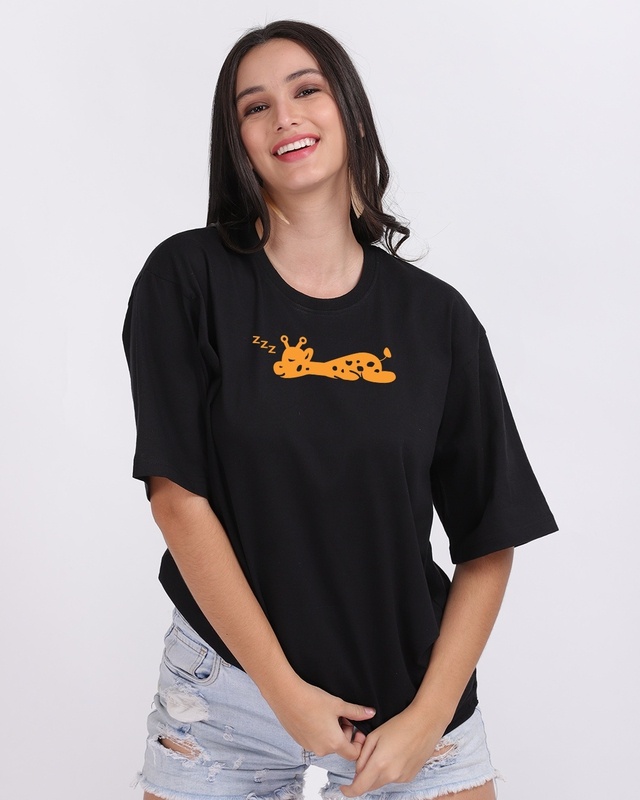 Shop Women's Black Giraffe Graphic Printed Oversized T-shirt-Front
