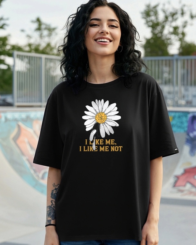 Shop Women's Black Glow Like Daisy Graphic Printed Oversized T-shirt-Front