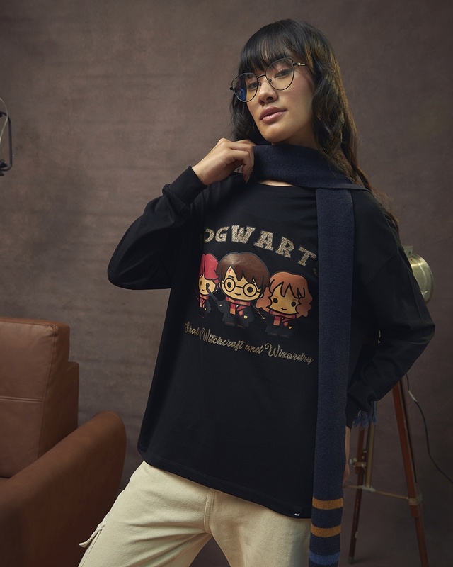 Shop Women's Black Golden Trio Graphic Printed Oversized T-shirt-Front
