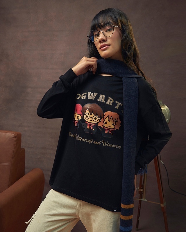 Shop Women's Black Golden Trio Graphic Printed Oversized T-shirt-Front