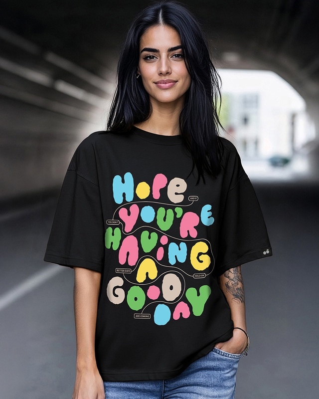Shop Women's Black Good Day Typography Oversized T-shirt-Front