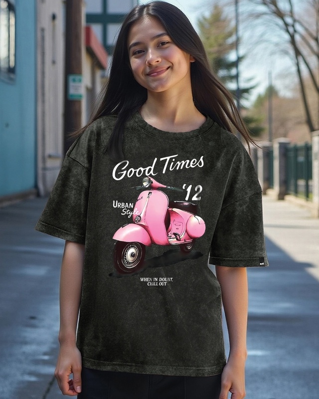 Shop Women's Black Good Times Graphic Printed Oversized Acid Wash T-shirt-Front