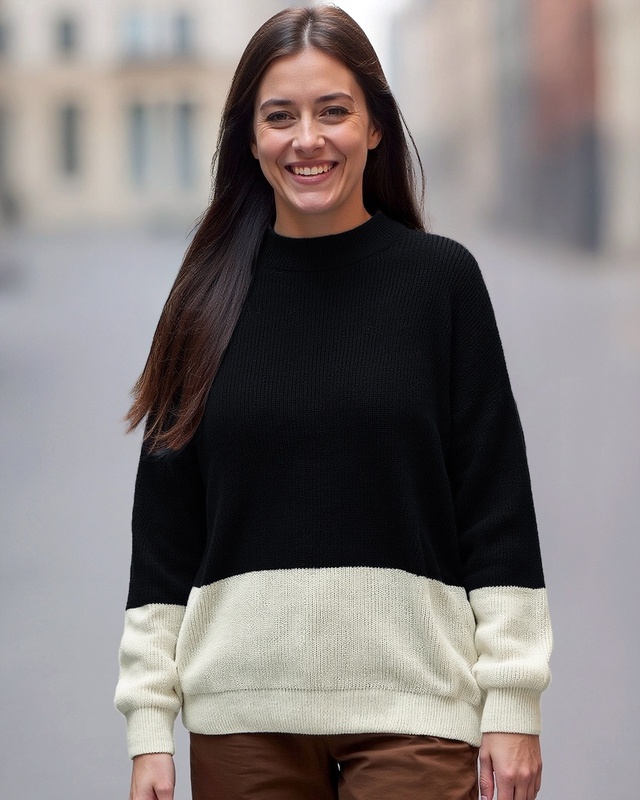 Shop Women's Black & Gradenia Super Loose Fit Sweater-Front