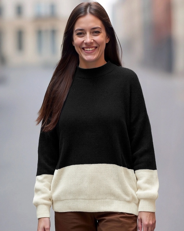 Women's Black & Gradenia Super Loose Fit Sweater-Front Bewakoof Shop Women's Black & Gradenia Super Loose Fit Sweater-Front