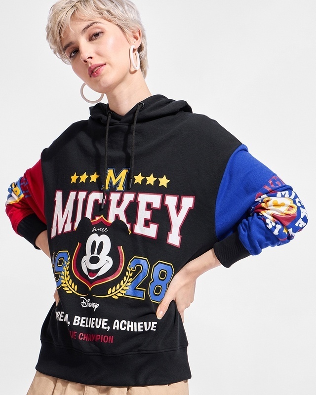 Shop Women's Black Mickey Graphic Printed Oversized Hoodies-Front