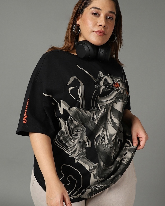 Shop Women's Black Graphic Printed Oversized Plus Size T-shirt-Front