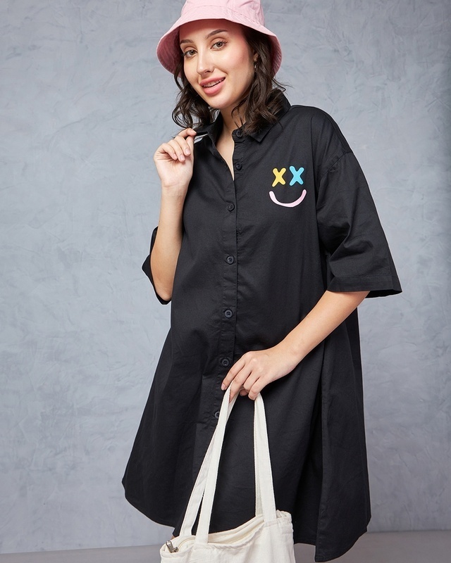 Shop Women's Black Let's Over Think It Typography Oversized Shirt Dress-Front