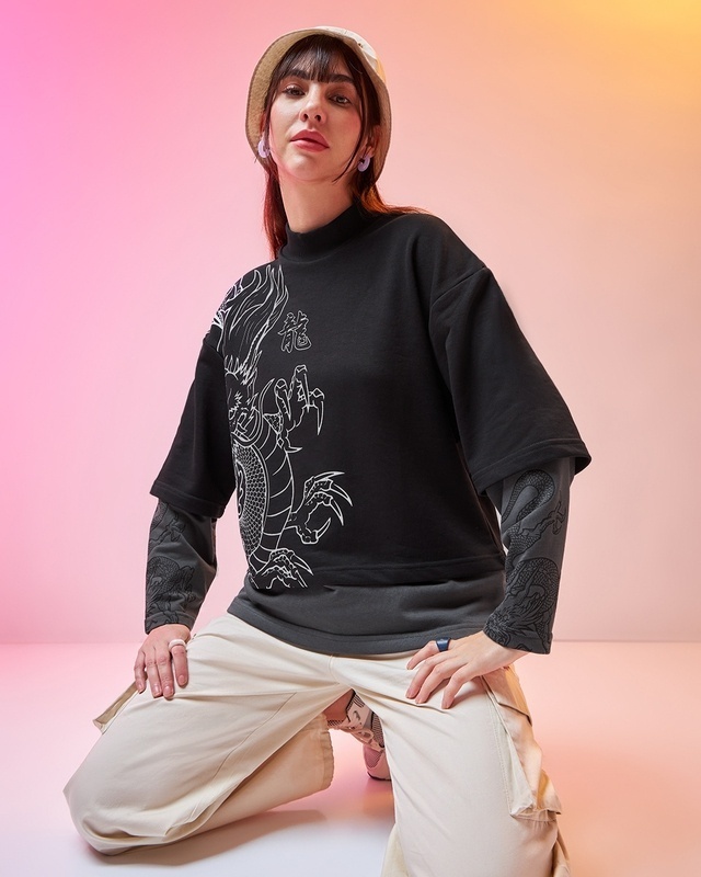 Shop Women's Black Graphic Printed Oversized Sweatshirt-Front