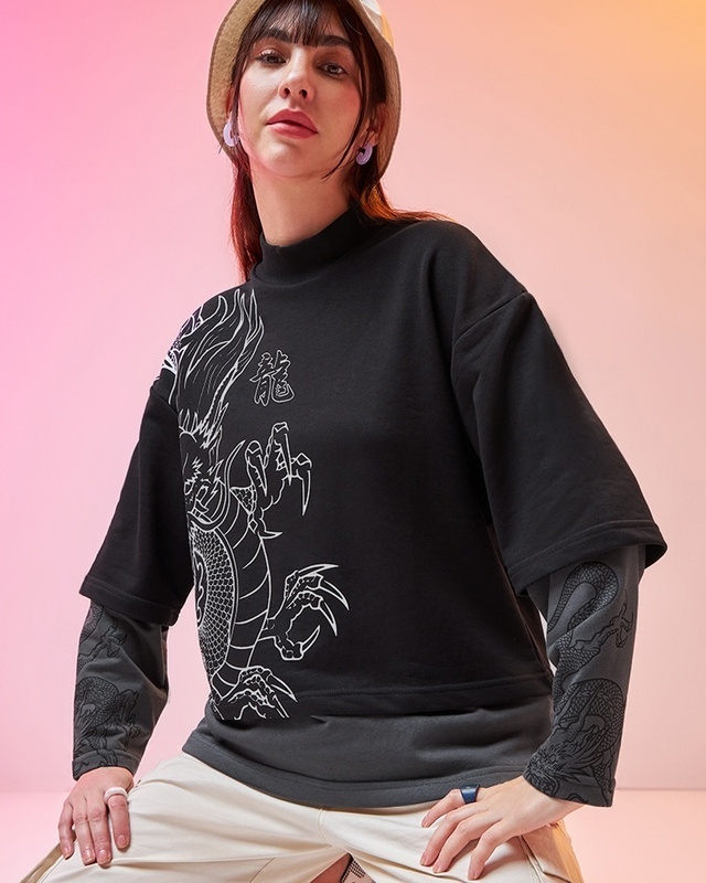 Shop Women's Black Graphic Printed Oversized Sweatshirt-Front