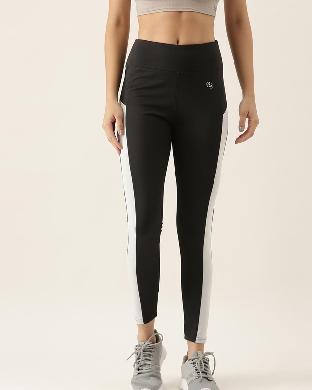 Shop Women's Black & Grey Color Block Skinny Fit Tights-Front