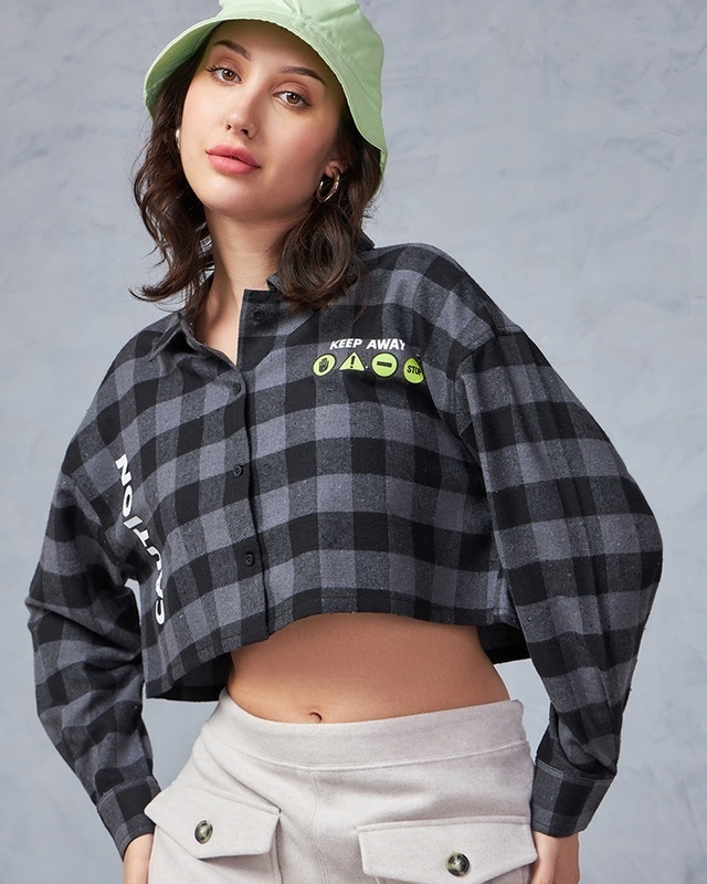 Shop Women's Black & Grey Modern Noise Checked Oversized Cropped Shirt-Front