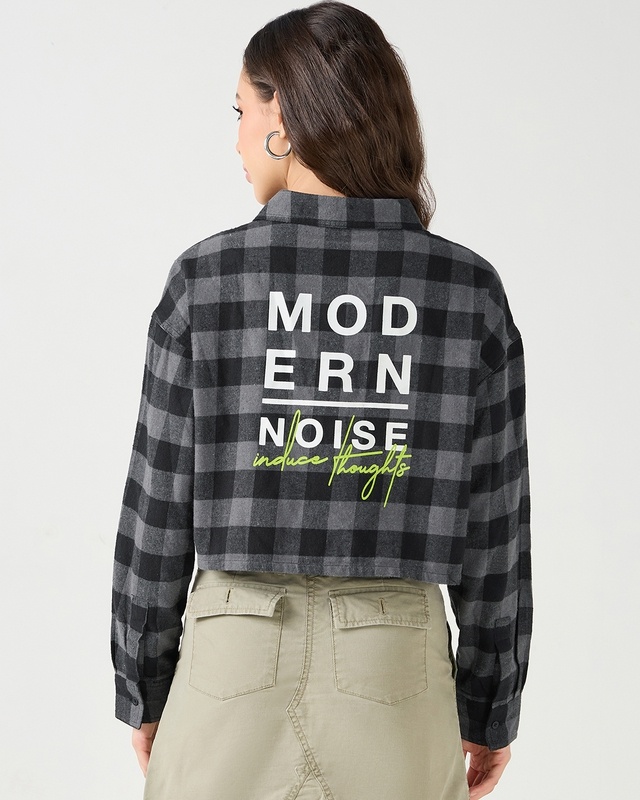Shop Women's Black & Grey Modern Noise Checked Oversized Cropped Shirt-Front
