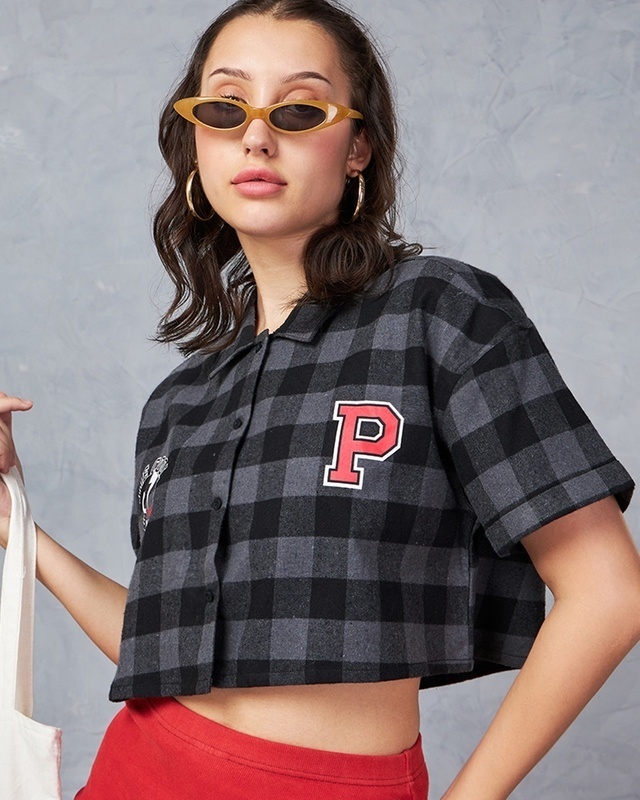 Shop Women's Black & Grey Peanuts Checked Oversized Cropped Shirt-Front