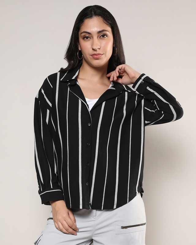Shop Women's Black & Grey Striped Shirt-Front