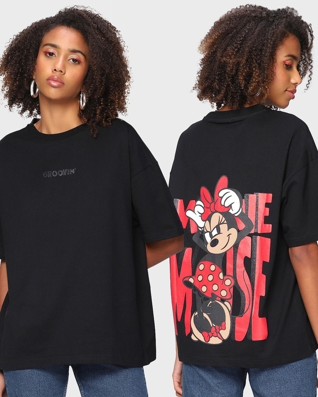 Shop Women's Black Party Groovin Minnie Graphic Printed Oversized T-shirt-Front