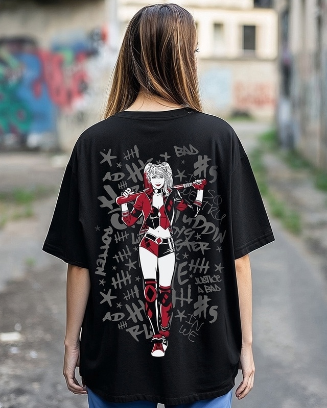 Shop Women's Black Harley Graphic Printed Oversized T-shirt-Front