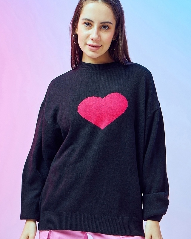 Shop Women's Black Heart Graphic Printed Super Loose Fit Flatknit Sweater-Front